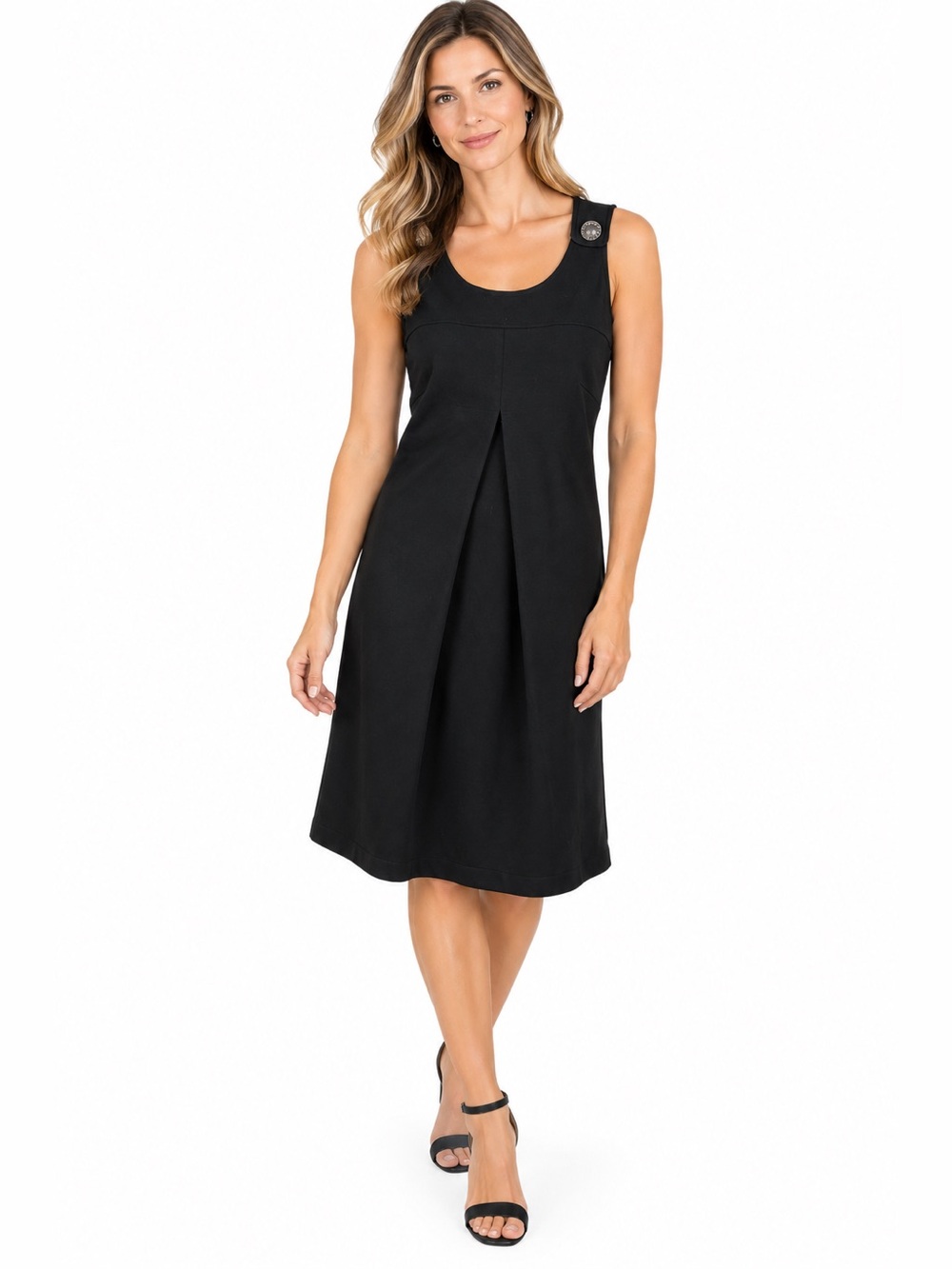 LAL Live A Little Sleeveless Black A-Line Pleated Dress w/Shoulder Buttons Small